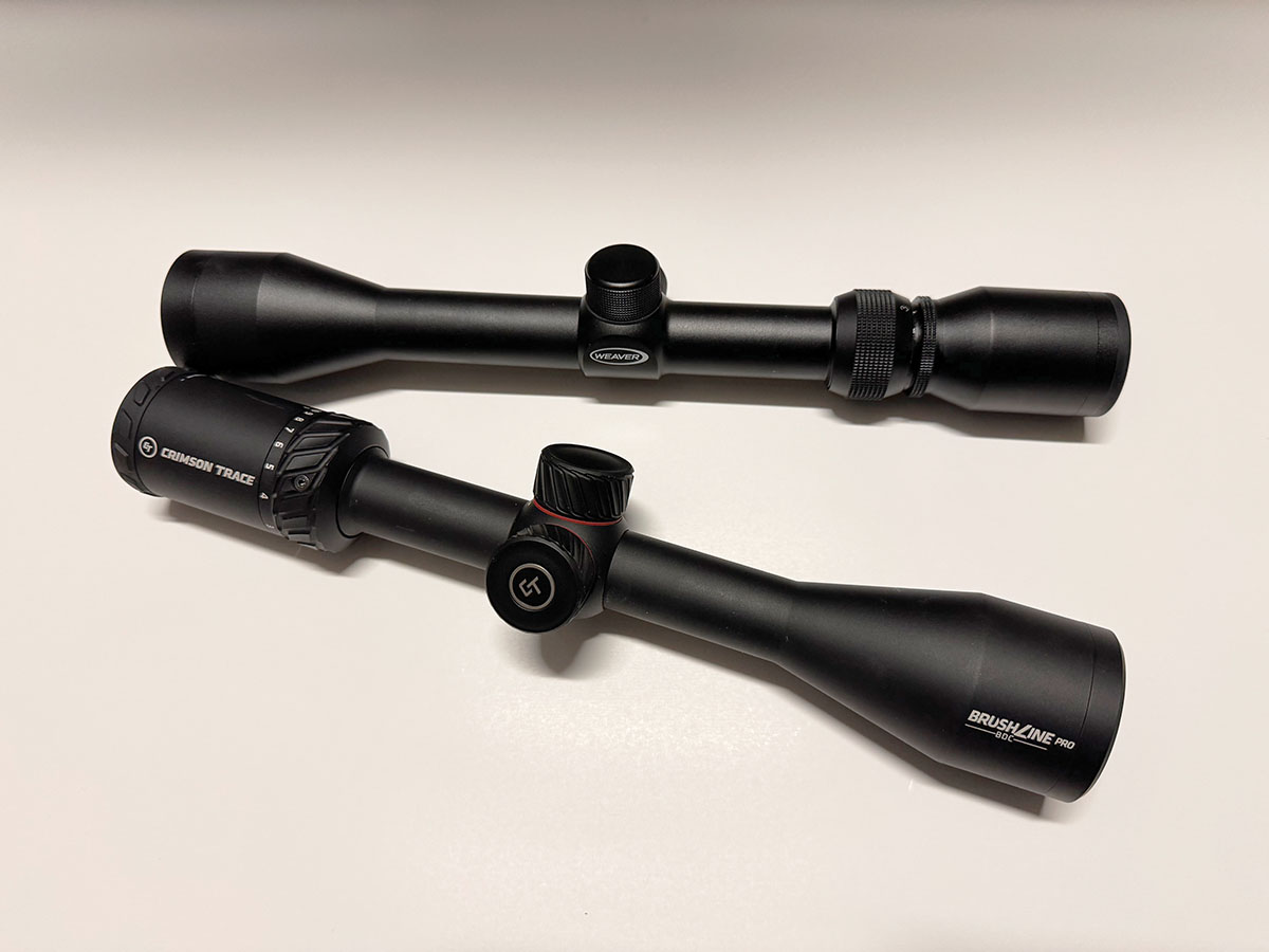 The top scope, the Weaver 3-9x 40mm, is what came on the rifle when bought, and the one on the bottom is the scope I replaced it with, it’s a  Crimson Trace Brushline Pro BDC reticle 3-10x 42mm.